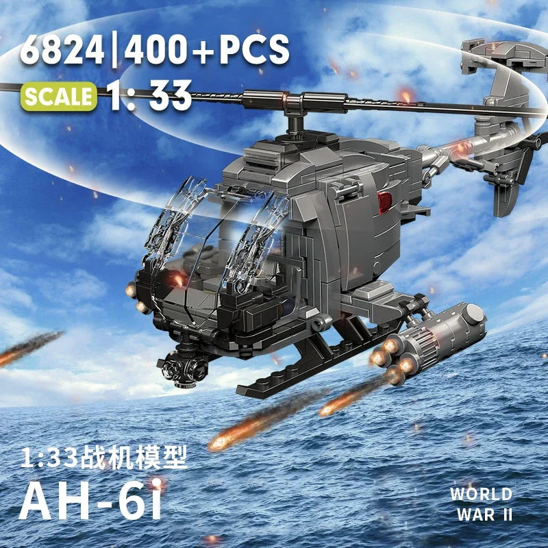 Diy Military  AH-6i Helicopter Fighter Model Aircraft Soldier Building Blocks Sets Airplane Dolls Brick Assemble Toys Gifts
