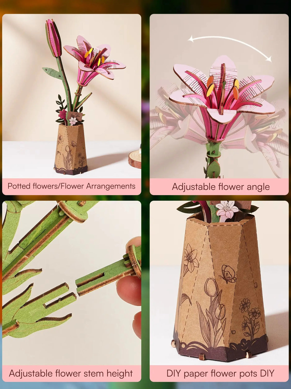 Rolife Artificial Flower Wooden 3D Puzzle Pink Lily DIY Flower Bouquet Model Building Kit for Home Decor Mother's Day Valentine's Day Gift for Mother Lover