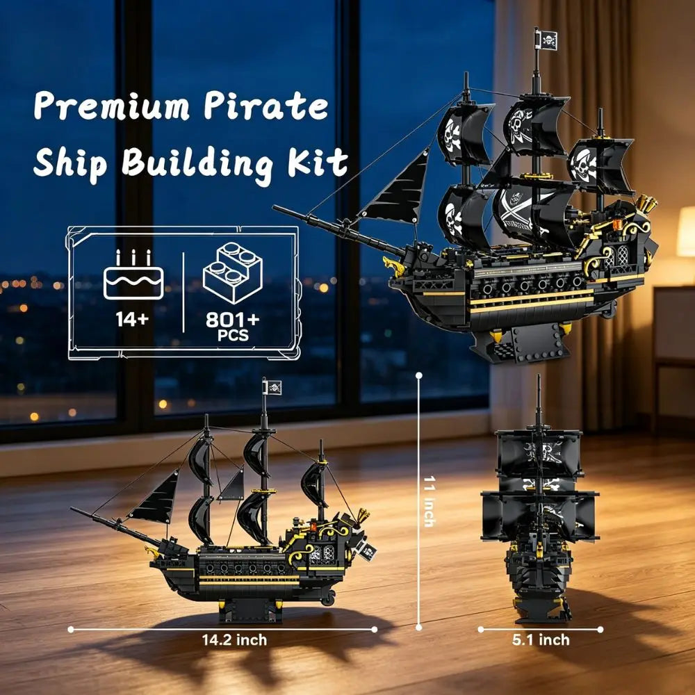 KAVOWORLD 1799 Black Sailing Pirate Ship Building Set 801PCS 3-Masted Pirate Ship Model Building Blocks Kit Collectible Display Construction Toy with Heavy Cannons & Display Base DIY Assembly Desktop Decor for Home Office, Ch