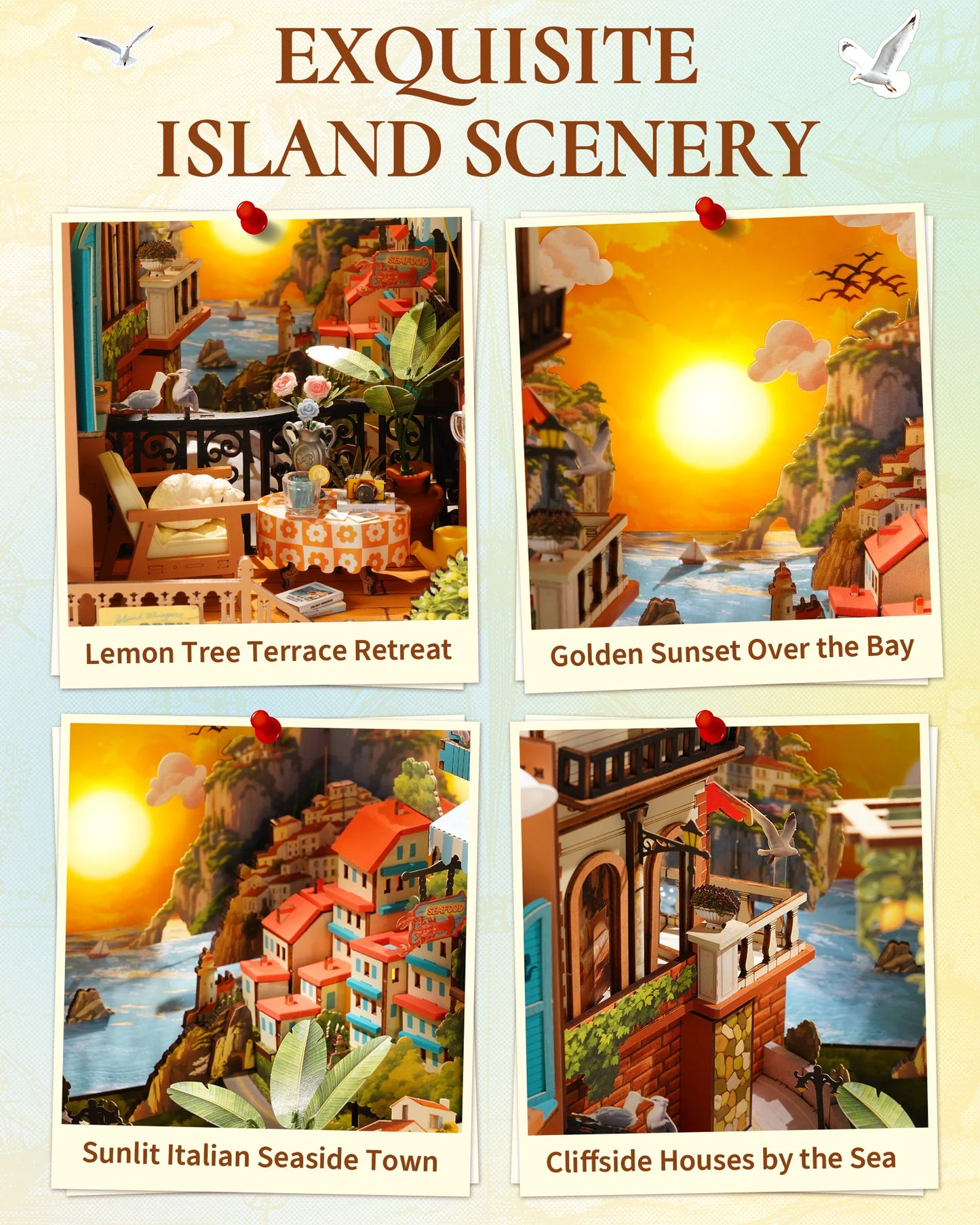 Rolife DIY Book Nook Kit Sunset Isle Bookends Wooden 3D Puzzle Model Building Kit for Bookshelf Decor Gift for Adult Book Lovers