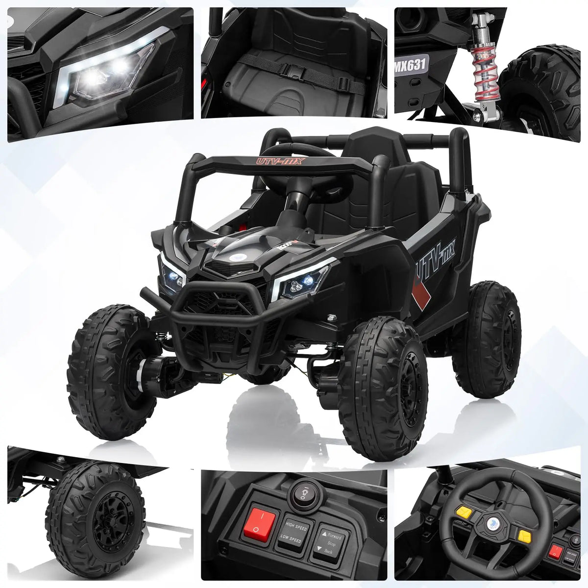 12V Kids Ride On Car UTV Truck With Remote Control 4WD/2WD Switchable Electric Vehicle With 4 Spring Suspension EVA Tires Safety Belt Double Open Doors Bluetooth Music LED Lights for Ages 3-8 Years