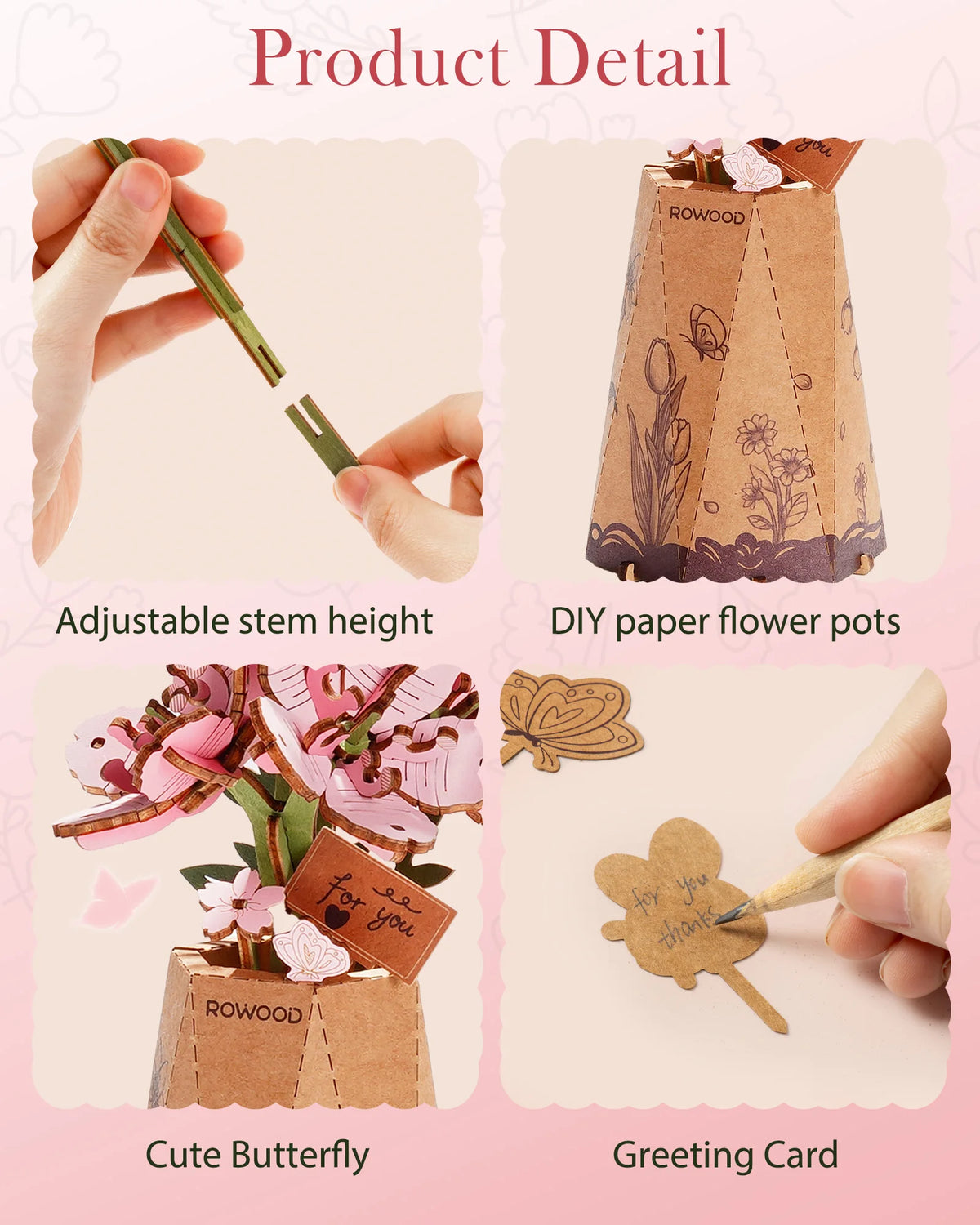 Rolife Wooden 3D Puzzle Sakura Artificial Flower DIY Model Building Kit for Bookshelf Decor Valentine's Day Mother's Day Gift
