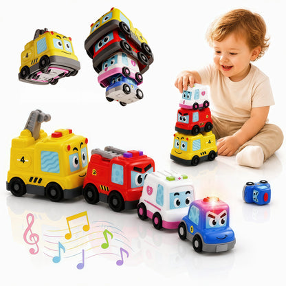 Hotfree 4 in 1 Montessori Toy Cars Set - Stacking Nesting Magnetic Following Toddler Toys 1-2, Sensory Toys with Lights, Music & Cars Toys, STEM Educational Toy, Baby Toys Christmas Birthday Gifts for KIds Boys Girls