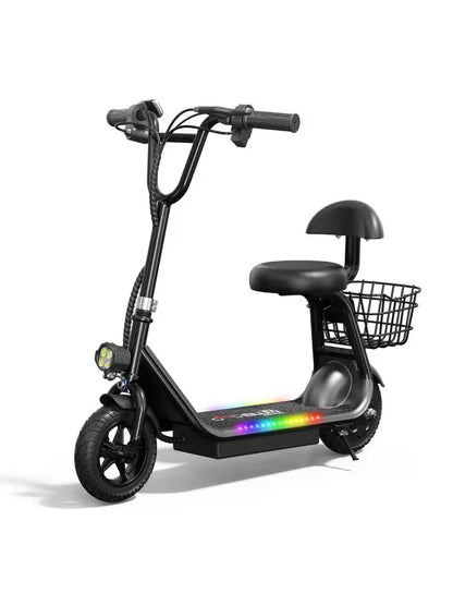 Spacewalk Kids Electric Scooter with Bluetooth Speaker Foldable Design Seat Carry Basket LED Light Strip 11MPH Speed 132lbs Max