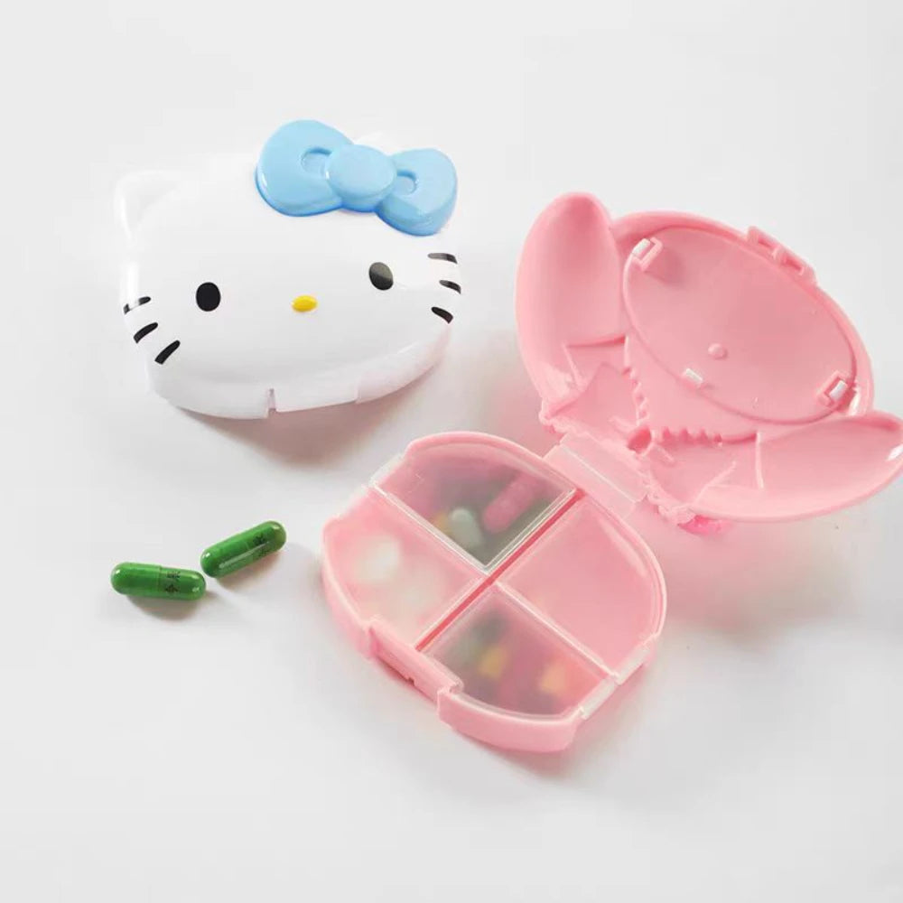 Genuine Sanrio Pill Case Cute Hello Kitty Melody 4 Grids Tablets Organizer Portable Outdoor Travel Home Use Vitamins Storage Box