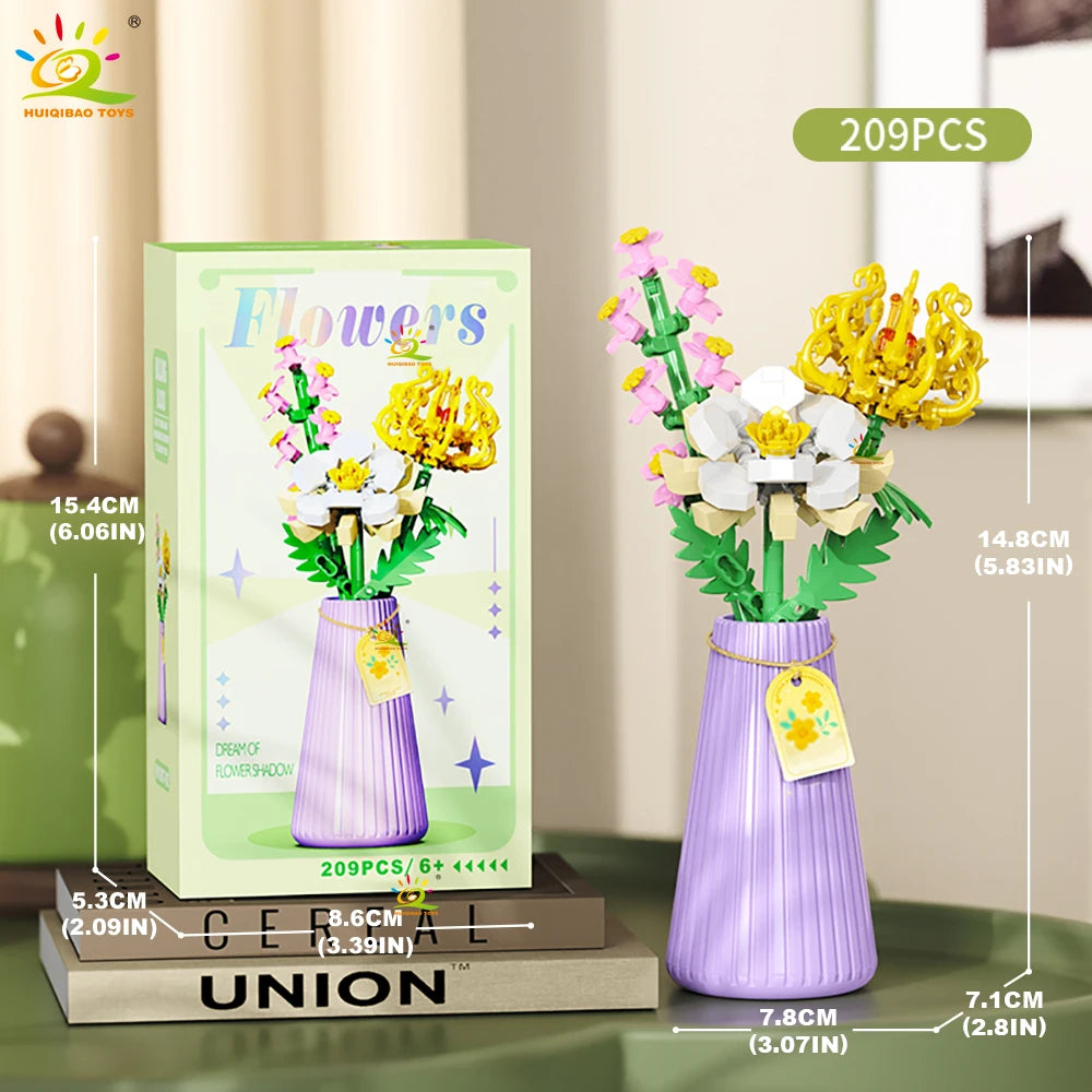 HUIQIBAO MOC Eternal Flower Bouquet with pot Micro Building Block Sunflower Rose Mini Model Brick Toy home Desk Decoration