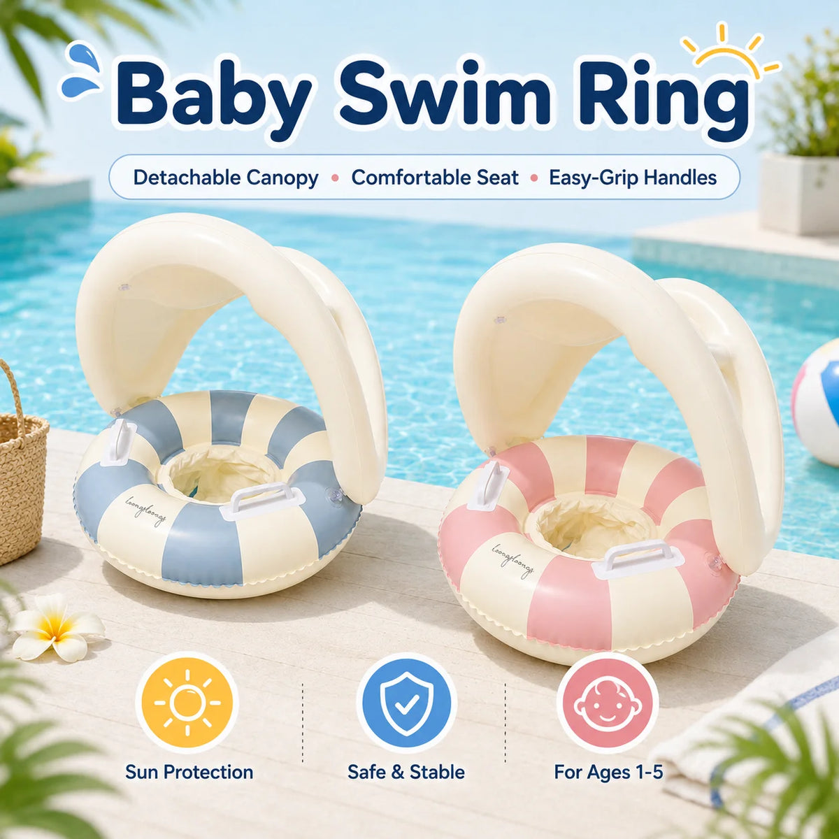 Baby Swim Ring Inflatable Summer Pool Float Seat with Canopy Sunshade Handles Cartoon Swimming Ring for Boys Girls Toddler 40lbs