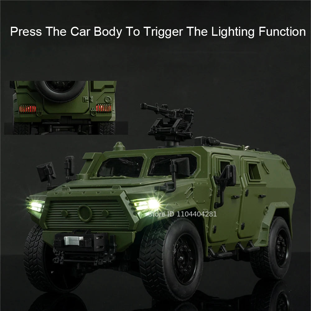 1:18 Dongfeng M-Terrain Alloy Car Toys Miniature Model Diecast Military Vehicle Sound Light Pull Back Doors Opened Kid Xmas Gift
