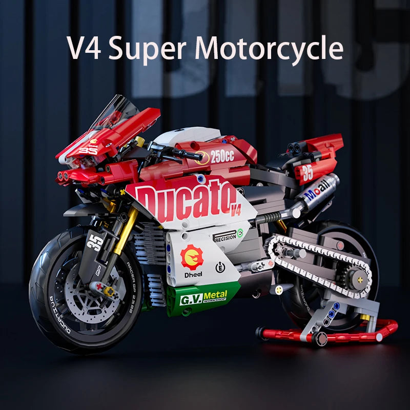 Famous V4 Motorcycle Building Blocks Set,Super Motorbike Model Kit,Technical Racing,STEM Assembled Toys Gifts For Boys And Girls