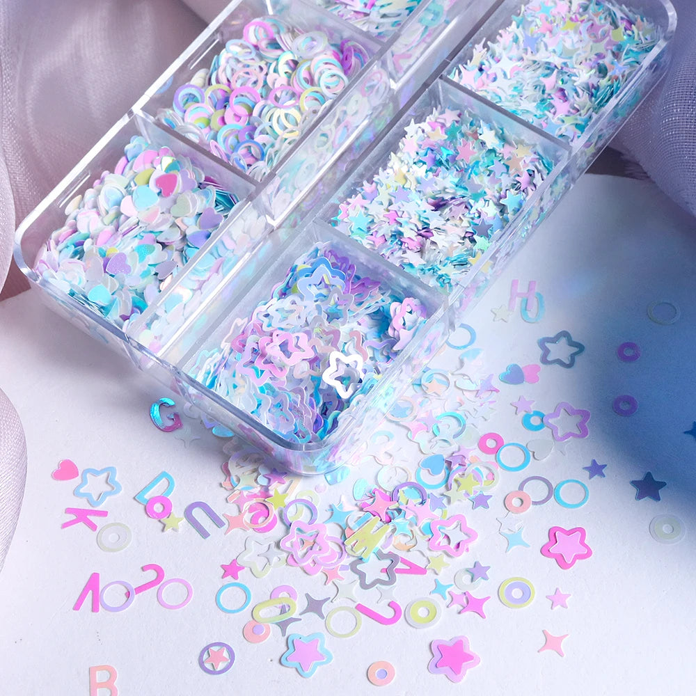 6 Grids Mermaid Stars Glitter Flakes Epoxy Resin Mold Filling English Alphabet Circle Love Heart Shape Sequins DIY Crafts Making