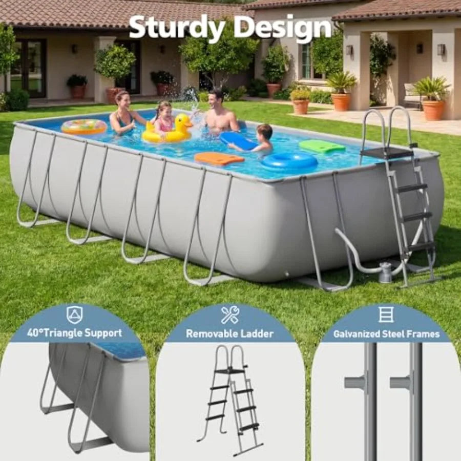 20' x 11' x 47 Rectangular Frame Pool Set with Sand Filter Pump and Removable Ladder Large Swimming Pool for Backyard Gray