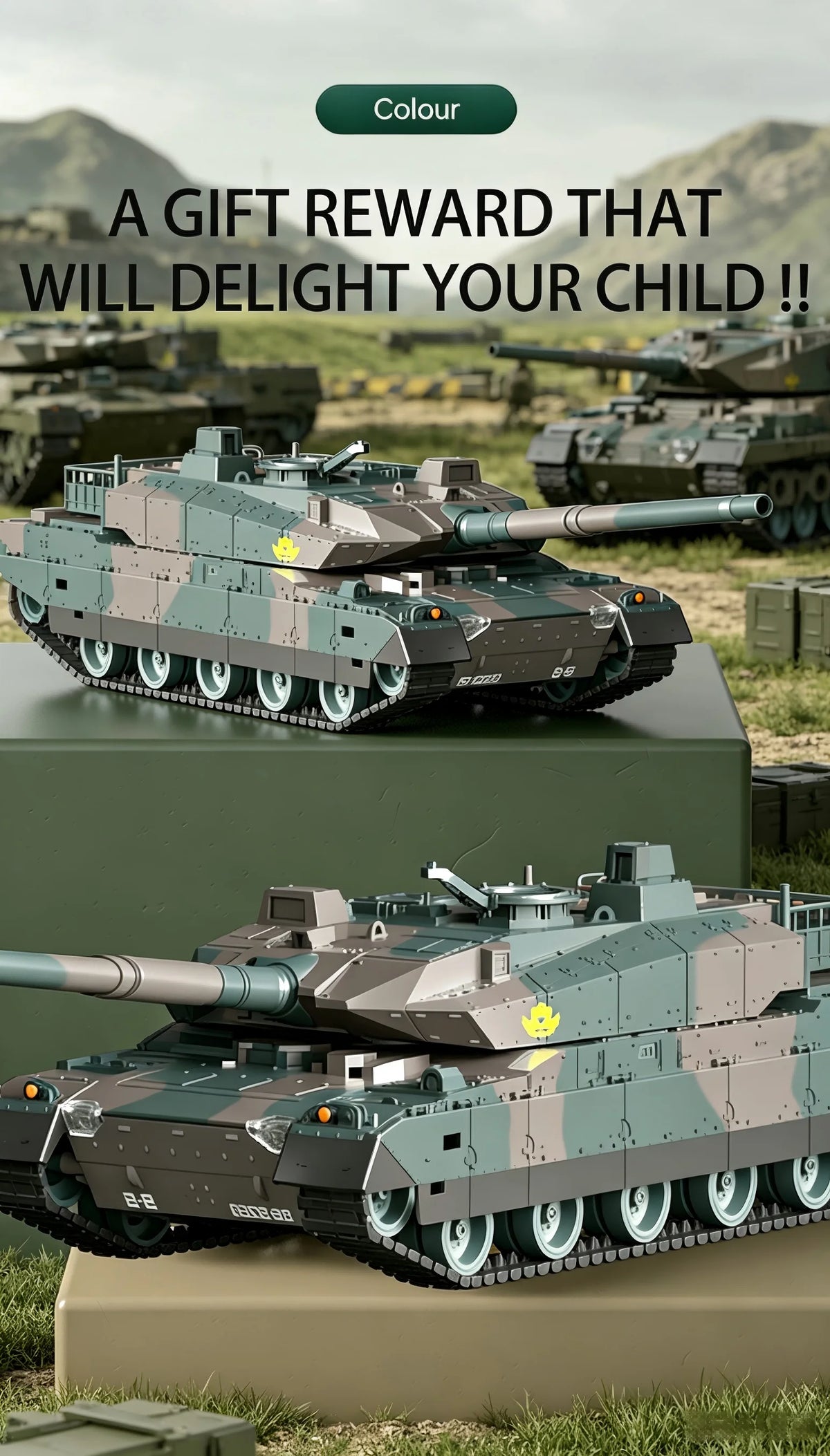 TONGLI Large RC Battle Tank Tracked Off-Road Vehicle, Rechargeable Battery, Multi-Channel Control, Turret Rotation & Elevation, Realistic Sound & Light Effects, All-Terrain Driving, Battle Interaction, Indoor & Outdoor Use, G