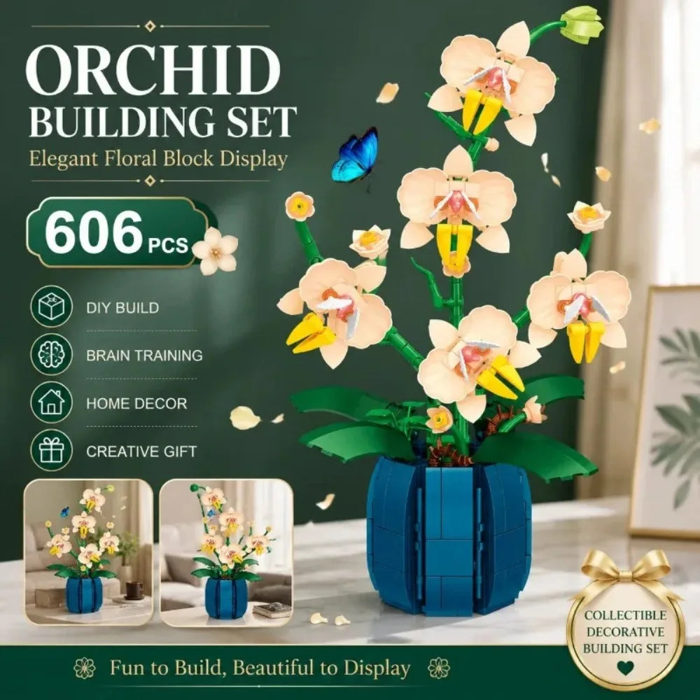 Orchid Building Blocks Flowers Bouquet Bonsai Plant Model Ornament Exquisite DIY Home Decorations Valentines Adult Child's Gifts