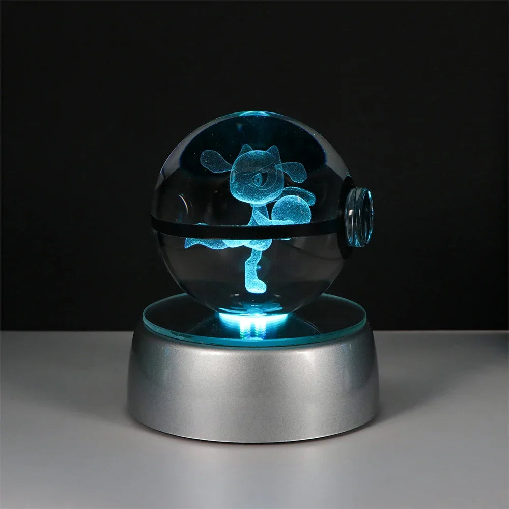 Pokemon 3D Crystal Ball Pikachu Gengar Eevee Mewtwo Anime Game Pokeball Led Night Light Base Kids Birthday Gift Home Decoration