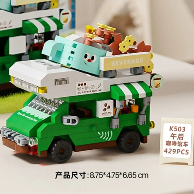 NEW DIY Coffee Car Buns Food Truck Ice Cream Store Flower Street View Building Blocks Kit Bricks Model Toy