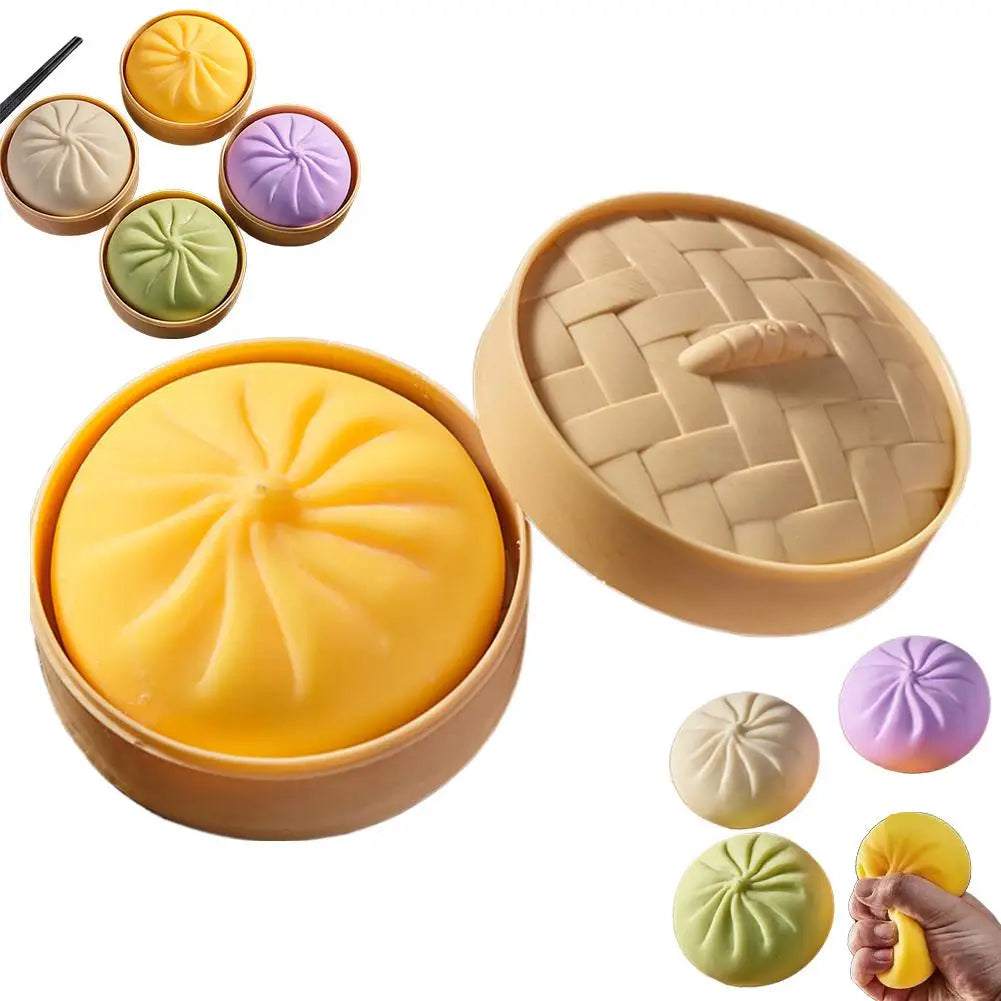 Colorful Dumpling Squishes Stress Balls Fidget Sensory Toys Simulation Food Squishies Bun with Steamer Squeeze Dough Ball Gifts