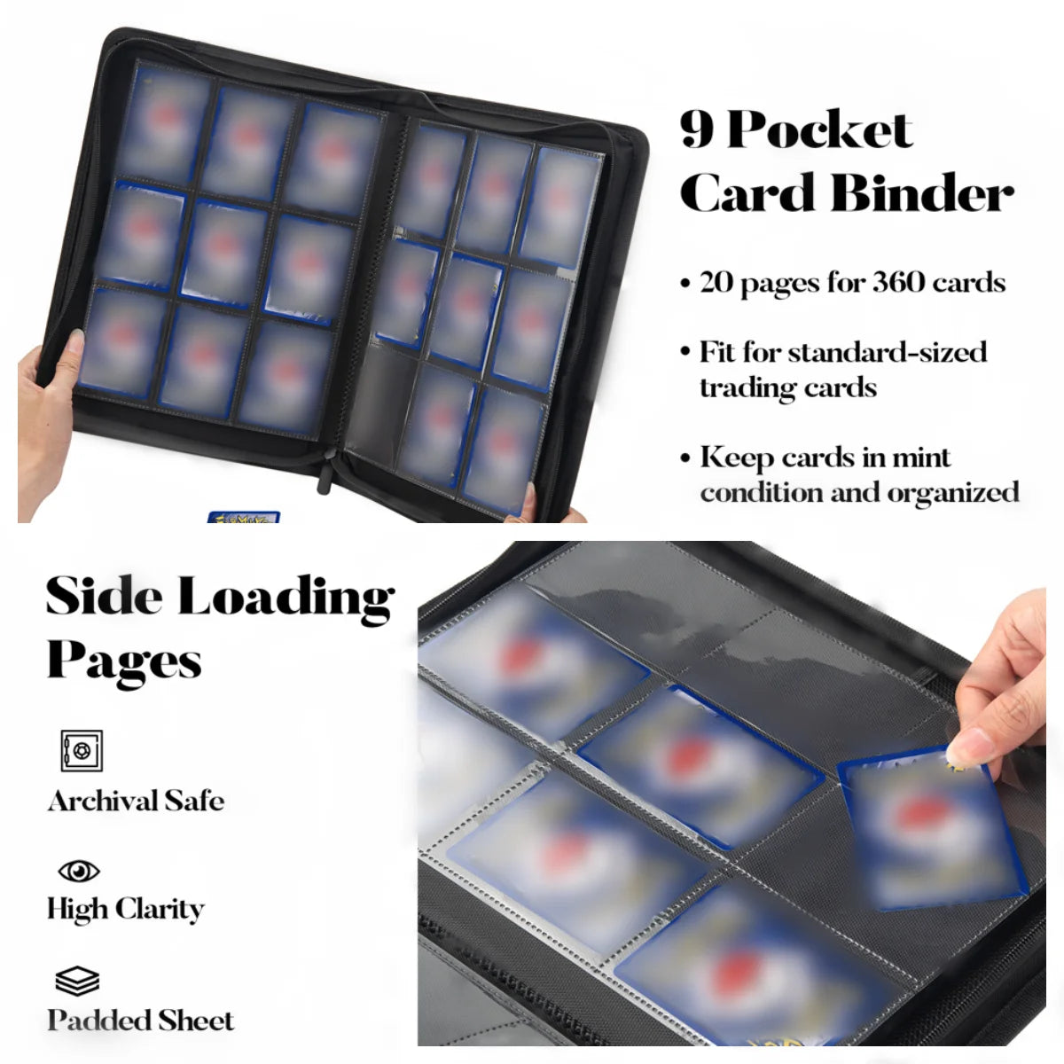 9 Pocket Zipper Card Binder, 360 Trading Card Holder Book, Premium PU Cover Zip Binder for Cards, Durable Side Loading Card