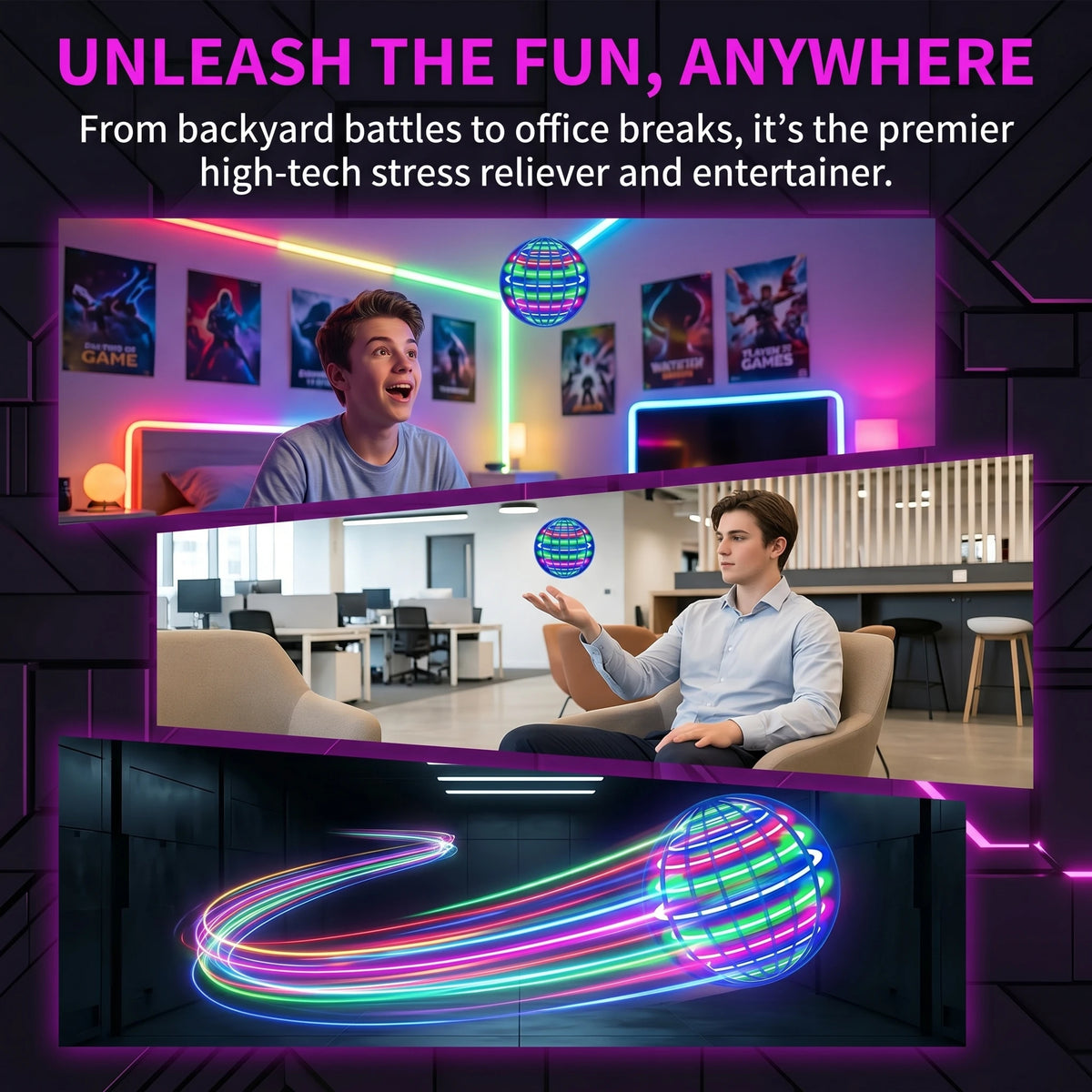 Magic Flying Ball Boomerang LED Lights Hover Drone Flying Orb Spinner 360°Rotating Fidget Luminous Toy for Teens Adults Gift Fun
