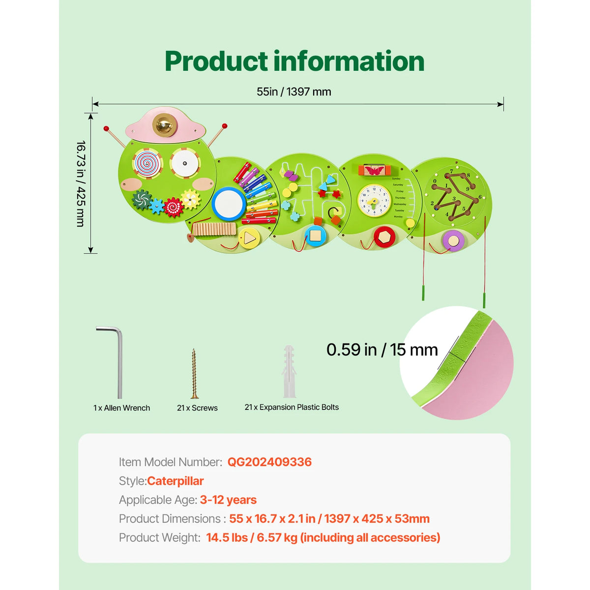SucceBuy Caterpillar Children Wall Busy Board 12 Activities Montessori Sensory Learning Center for Kids 3-12 Years Playroom Toys