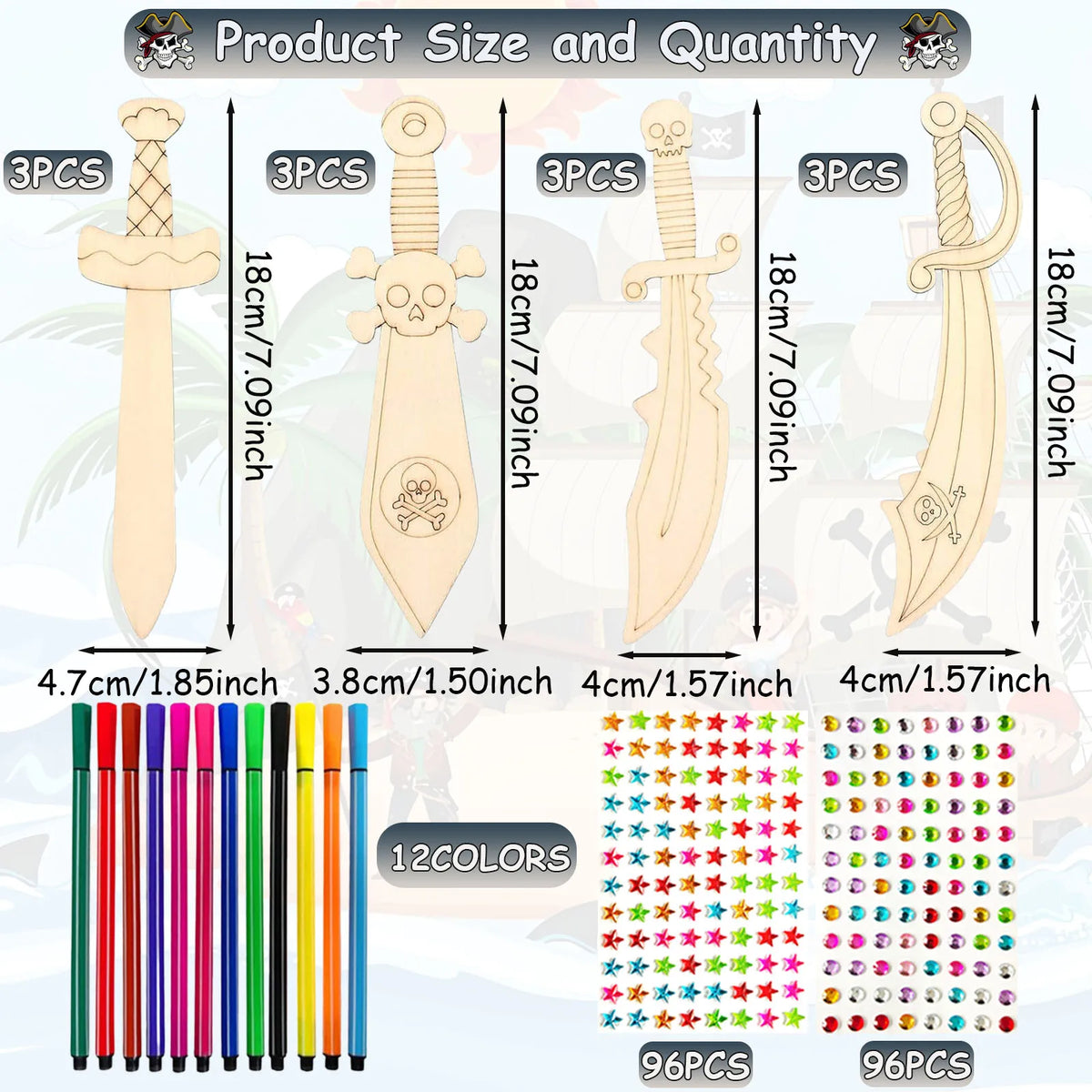 216PCS unfinished DIY wooden pirate knife set, wooden handmade painting crafts, suitable for various parties, party gifts