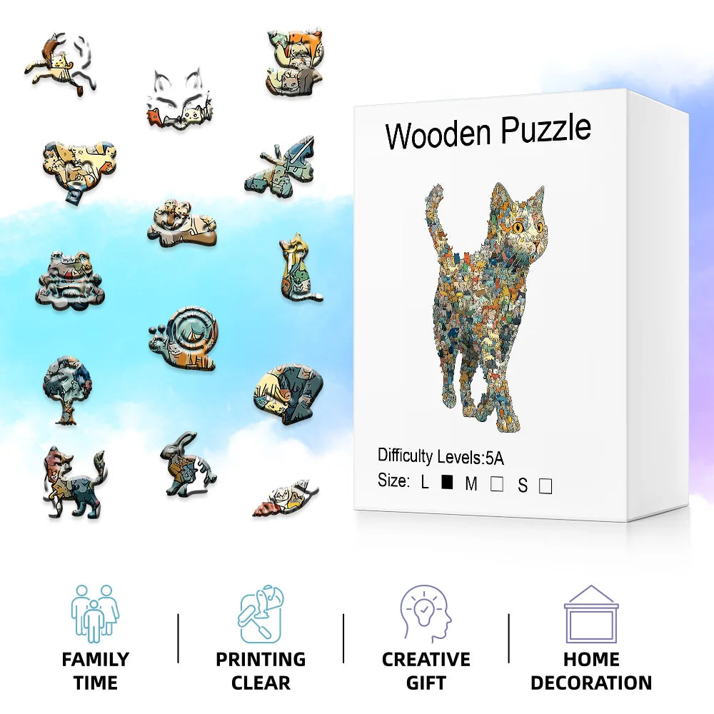 Wooden Cat Jigsaw Puzzle: Exquisite Gift, Thick Sturdy Pieces, Vibrant Colors, Home Decor & Family Fun Challenging Puzzle