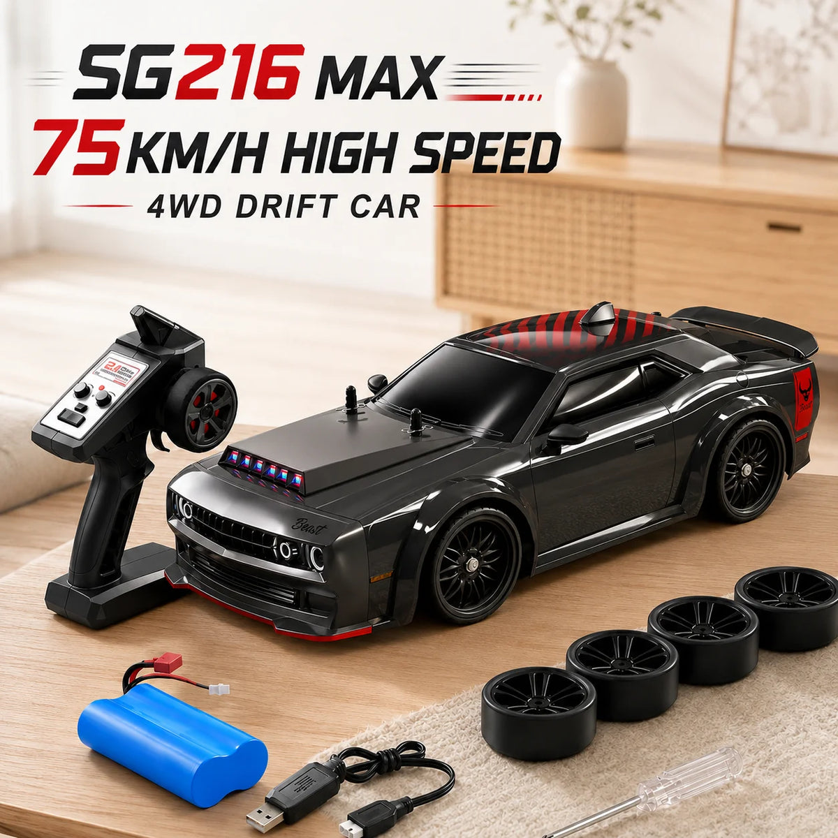 ZNLYRION Remote Control RC Drift CarToy SG216MAX 4WD 1:16 Scale 2.4G Brushless Racing Car With LED Lights for Adults