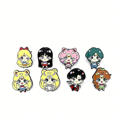 8pcs Sailor Moon Enamel Brooch Set Tsukino Usagi Cartoon Character Fashion Metal Badges Accessories for Backpacks And Clothing