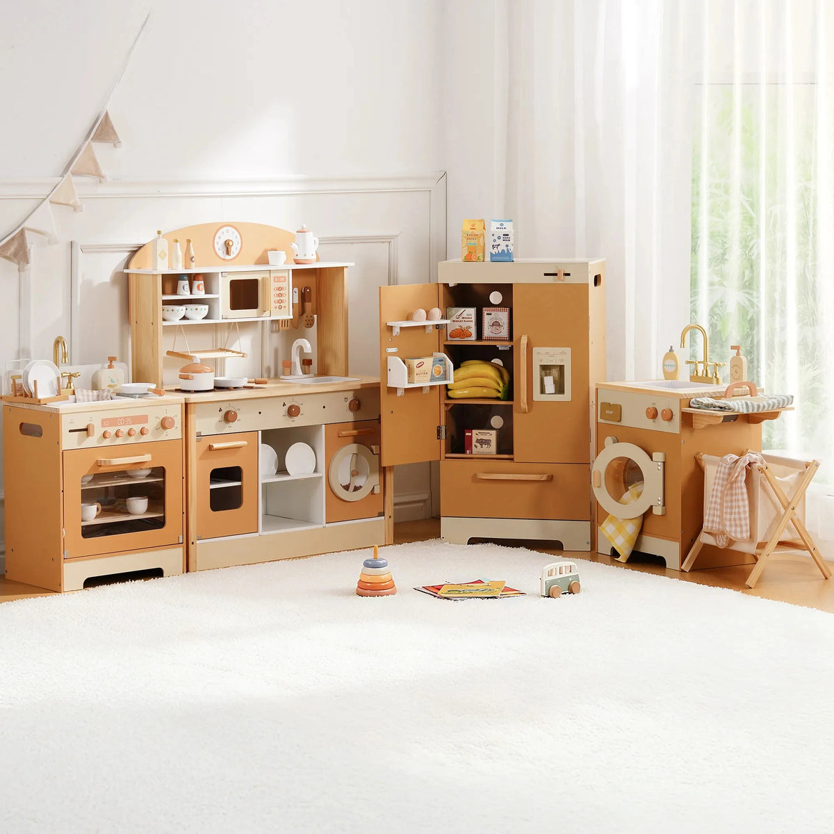 Robud Kids Wooden Play Kitchen All in One Corner Set Includes Oven Refrigerator Washer Perfect Birthday Gift for Little Chefs