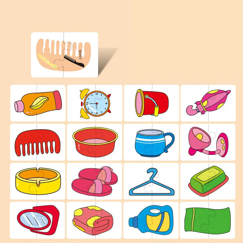 16pcs Montessori Toddler Puzzle Cards Toys For Kids Jigsaw Matching Game Education Toys Cartoon Shape Cognitive Training Gift