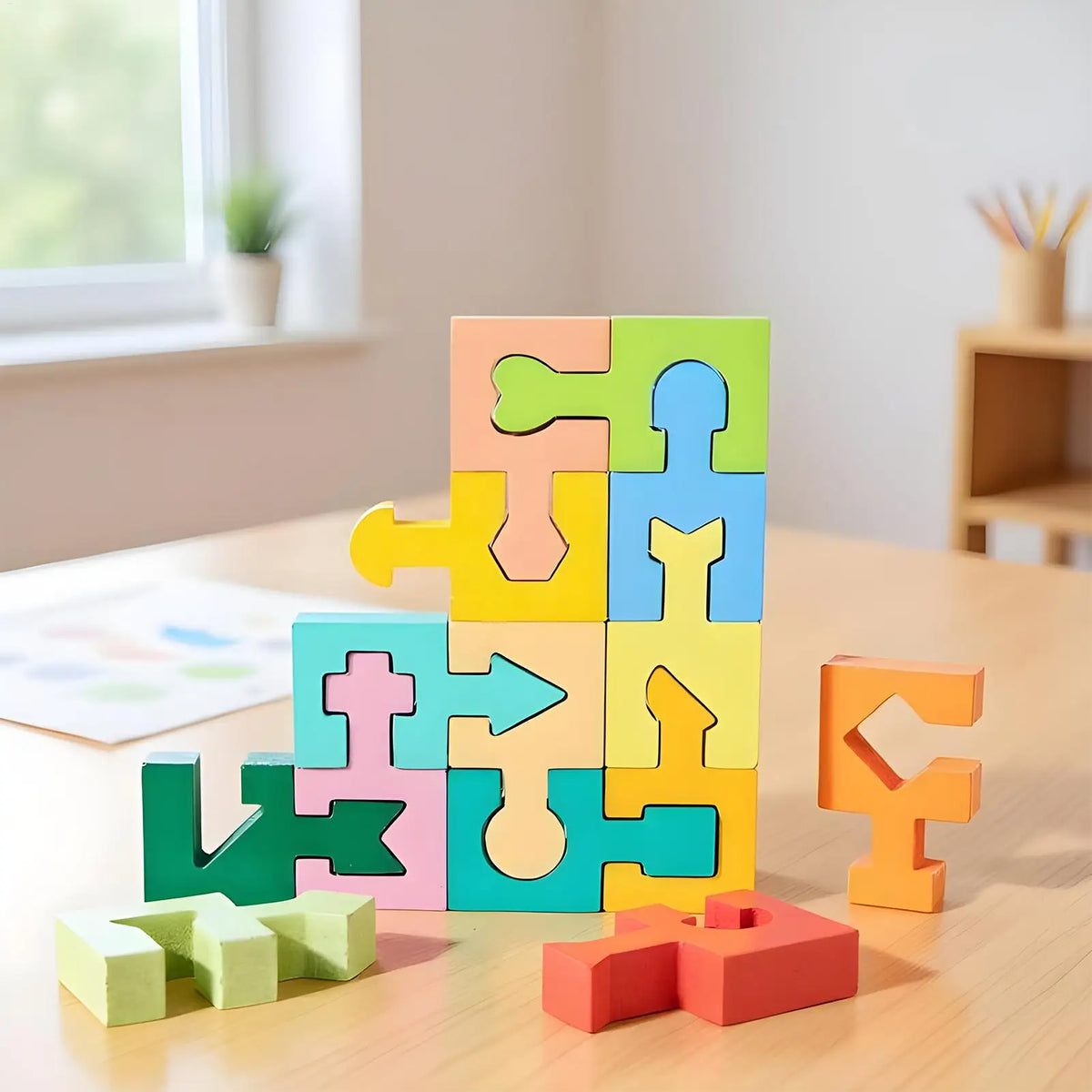 Wooden Puzzle Geometric Shape Matching Game 16 Pieces Jigsaw Puzzle for Boys Girls Ages 4-6 Learning Home School Kindergarten