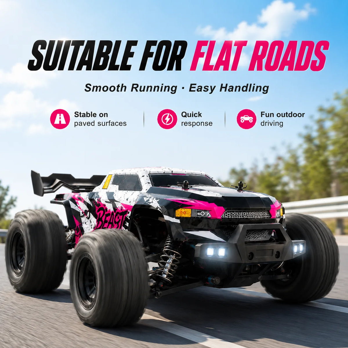 ZNLYRION 4WD Brushless RC Off-Road Monster Truck 2.4GHz 3-Speed Adjustable Remote Control Car with LED Headlights, All Terrain Big Tire Hobby RC Vehicle 2 Rechargeable Batteries RTR Toy for Adults Teens