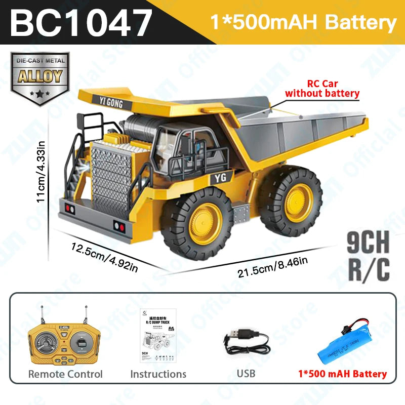 ZWN 2.4G Remote Control Excavator Dump Truck RC Model Car Toy Professional Alloy Plastic Simulation Construction Vehicle for Kid