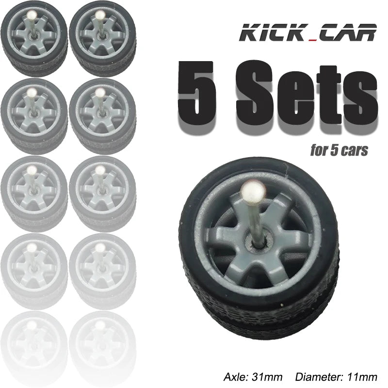1/64 Wheels with Fixed Black Rubber Tires Six Spoke for Toy Model Diecast Cars Refitting Parts for MINIGT (5 Sets for 5 Cars)
