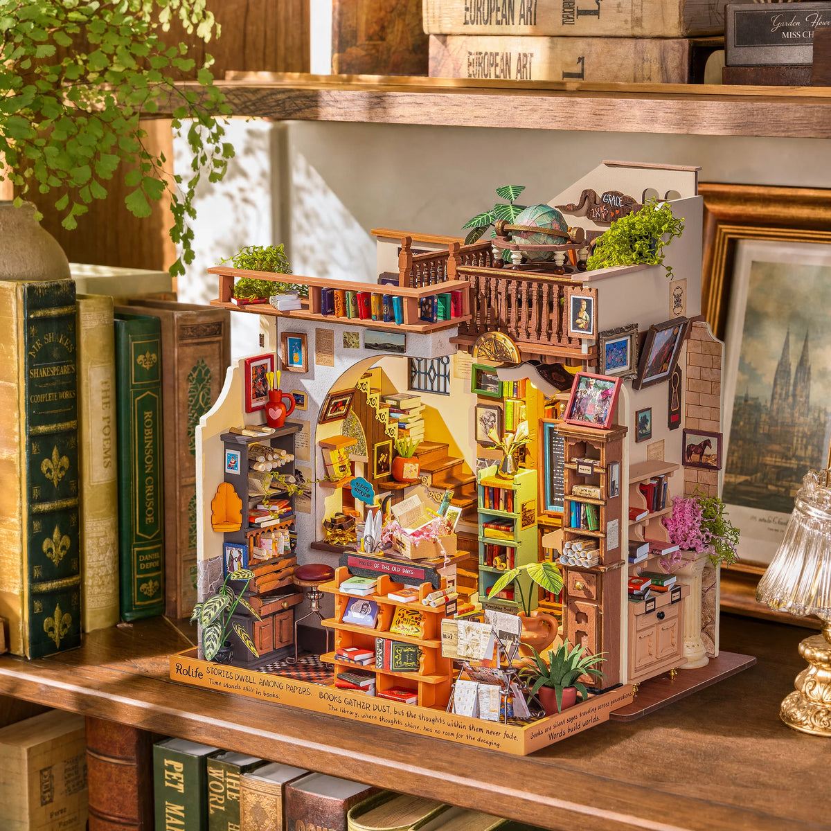 Rolife Wooden Dollhouse 3D Puzzle Pagestory Bookstore DIY Miniature House Craft Kit Kit with LED Light for Bookshelf Decor Brain Teasers Jigsaw Toys Holiday Gift for Book Lovers