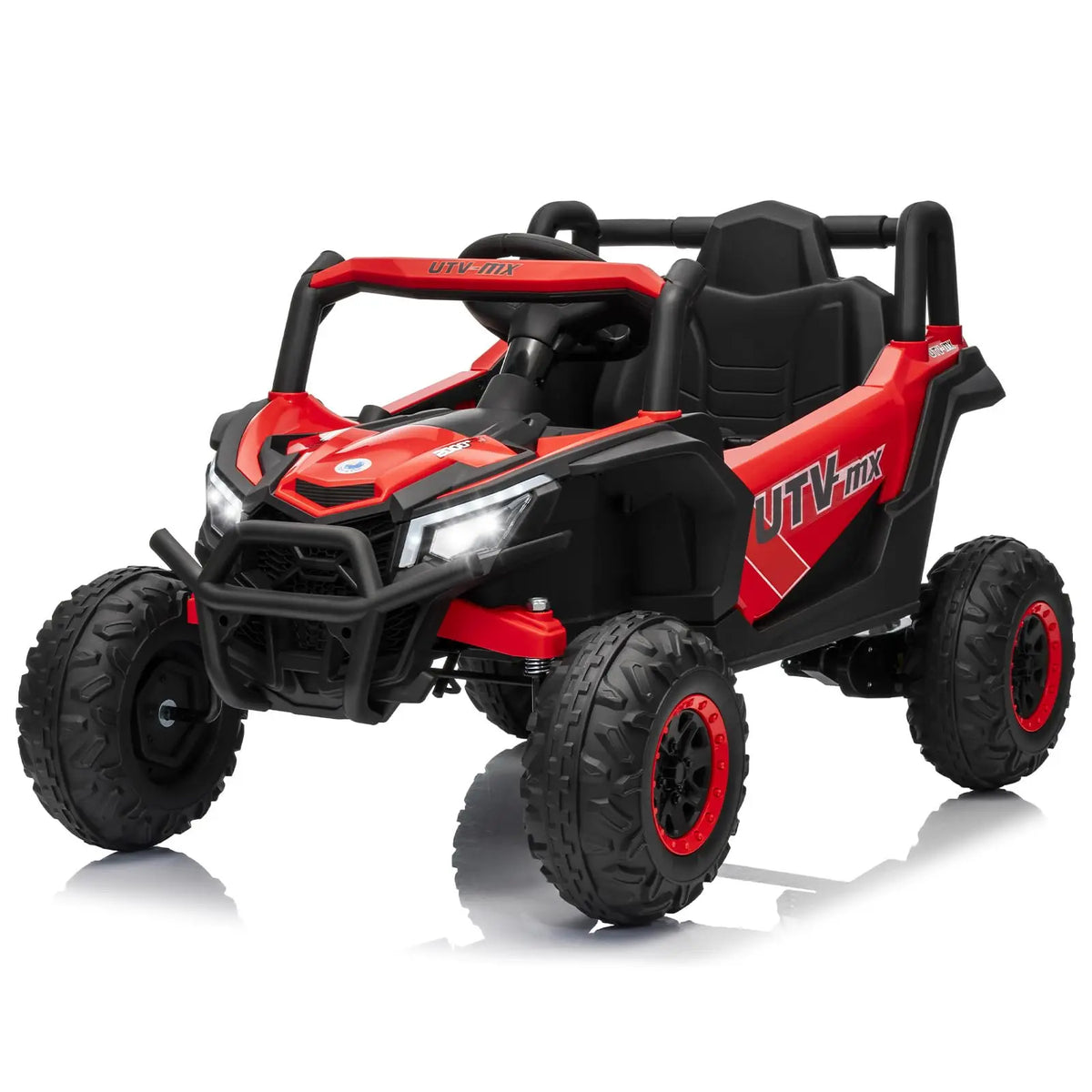 12V Kids Ride On Car UTV Truck With Remote Control 4WD/2WD Switchable Electric Vehicle With 4 Spring Suspension EVA Tires Safety Belt Double Open Doors Bluetooth Music LED Lights for Ages 3-8 Years