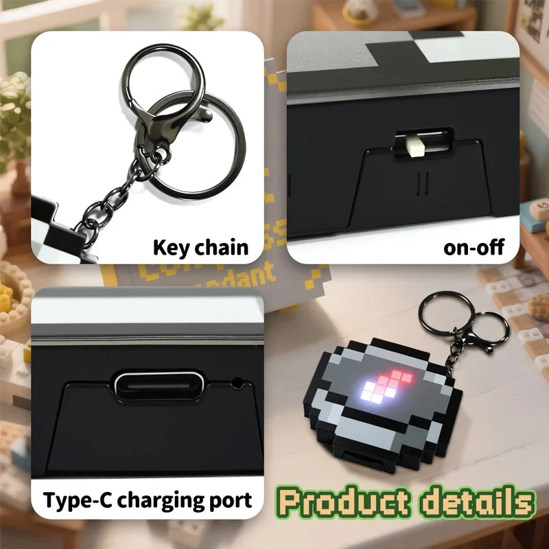 Rechargeable Pixel Compass Keychain Peripheral Design Toy Trinket Use Movable Compass Keychain Pendant Real-world Use Toys