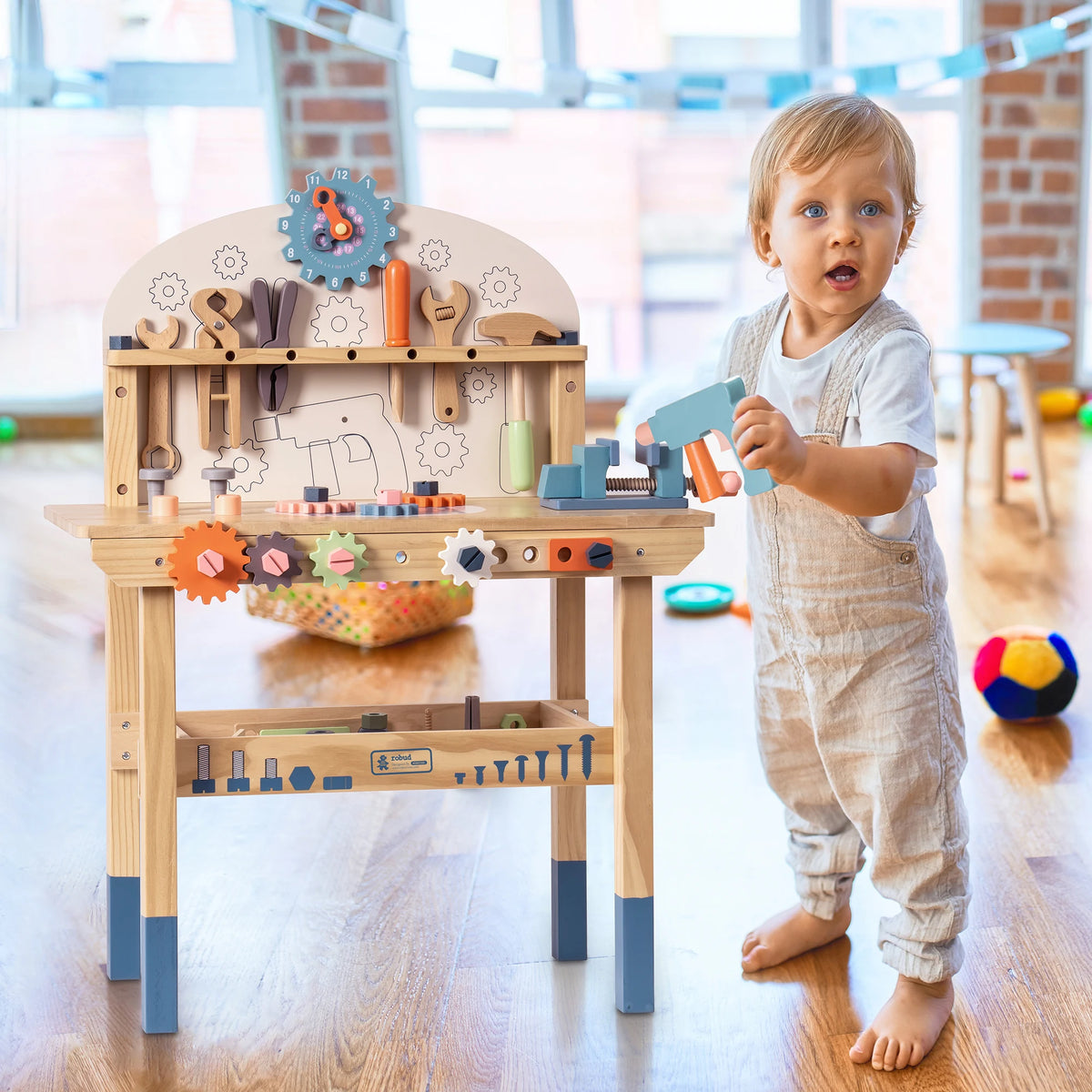 ROBUD Wooden Toy Workbench Tool Bench Set for Kids with Electric Drill Pretend Play STEM Learning Gift for Boys Girls Age 3+