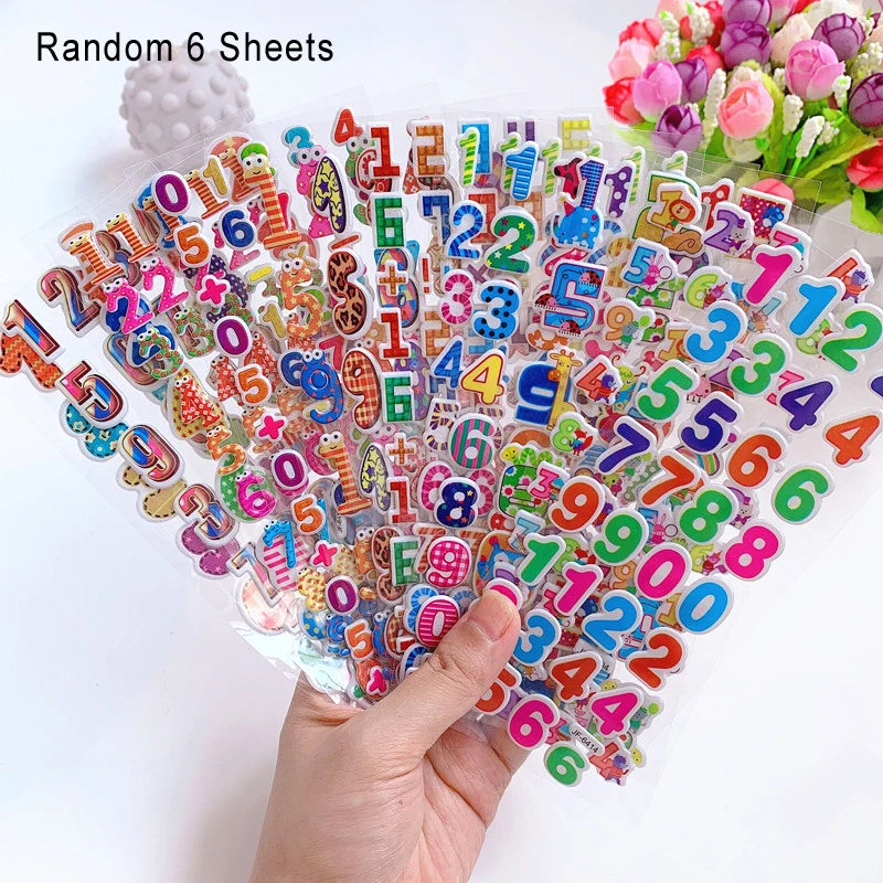 6 Sheets Kids Stickers 3D Puffy Bulk Cartoon English Alphabet Letters Number Stickers Educational Toys for Girl Boy GYH