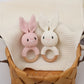 Handmade Crochet Baby Toys, Wooden Easter Bunny Rattle 0-12 Months, Four Color Rabbit Rattle Soft, New Born Baby Teething Toys
