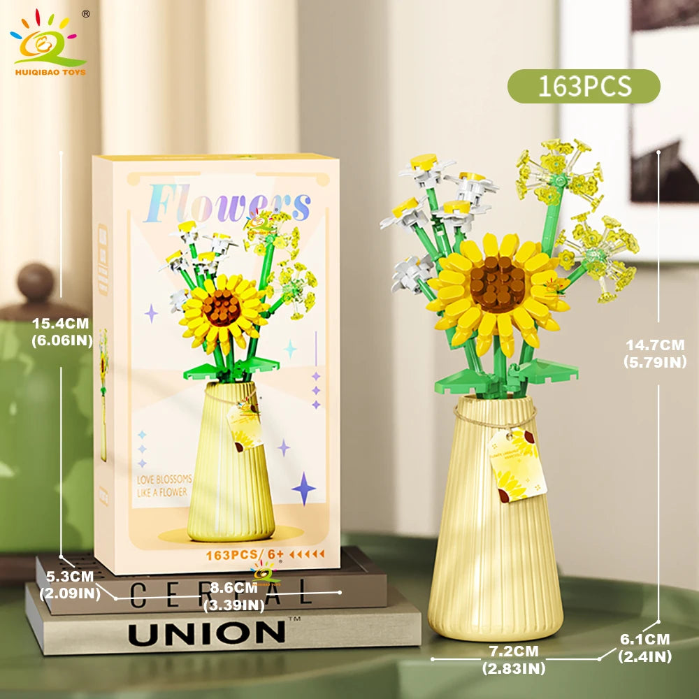 HUIQIBAO MOC Eternal Flower Bouquet with pot Micro Building Block Sunflower Rose Mini Model Brick Toy home Desk Decoration