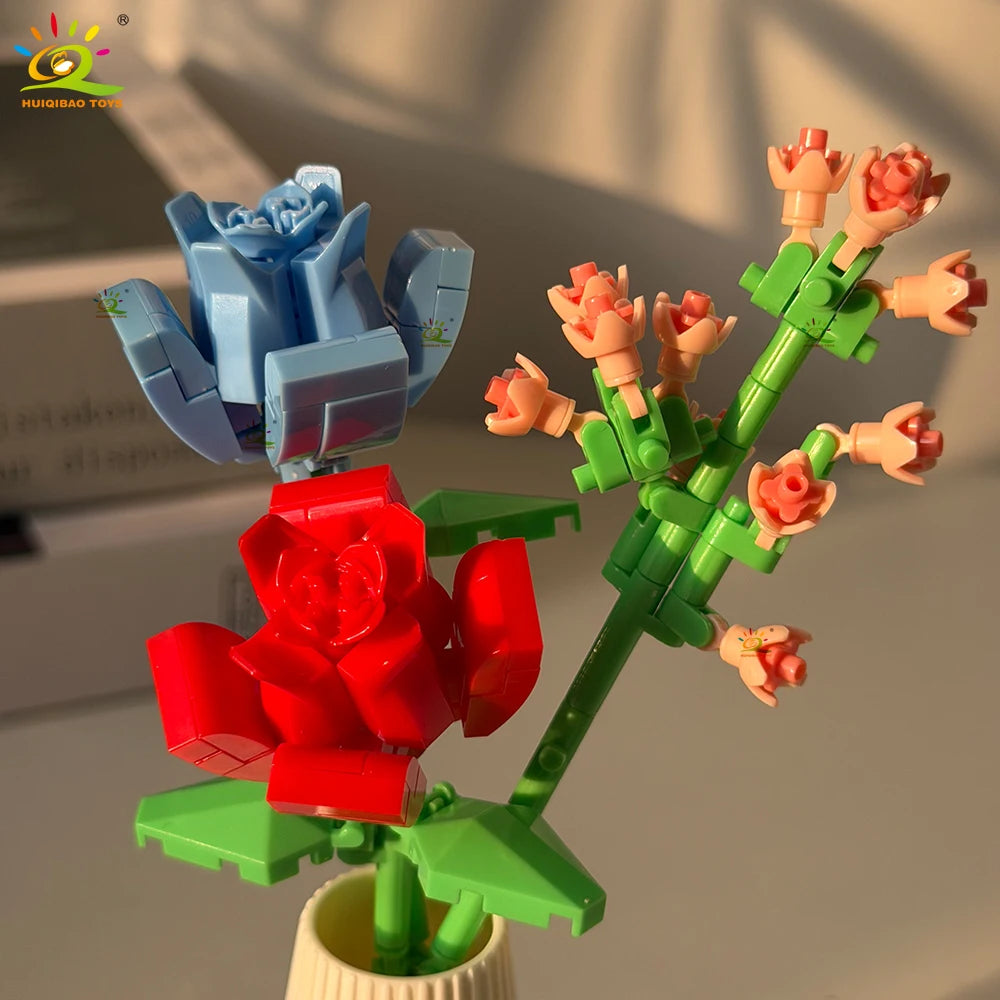 HUIQIBAO MOC Eternal Flower Bouquet with pot Micro Building Block Sunflower Rose Mini Model Brick Toy home Desk Decoration