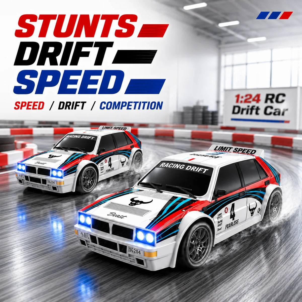 ZNLYRION RC Drifting Race Car 1:24 Scale 4 Wheel Drive 20km/h Adjustable High/Low Speed With Spare Drift Tires LED Headlight Taillight RC Toy For Boys Adult