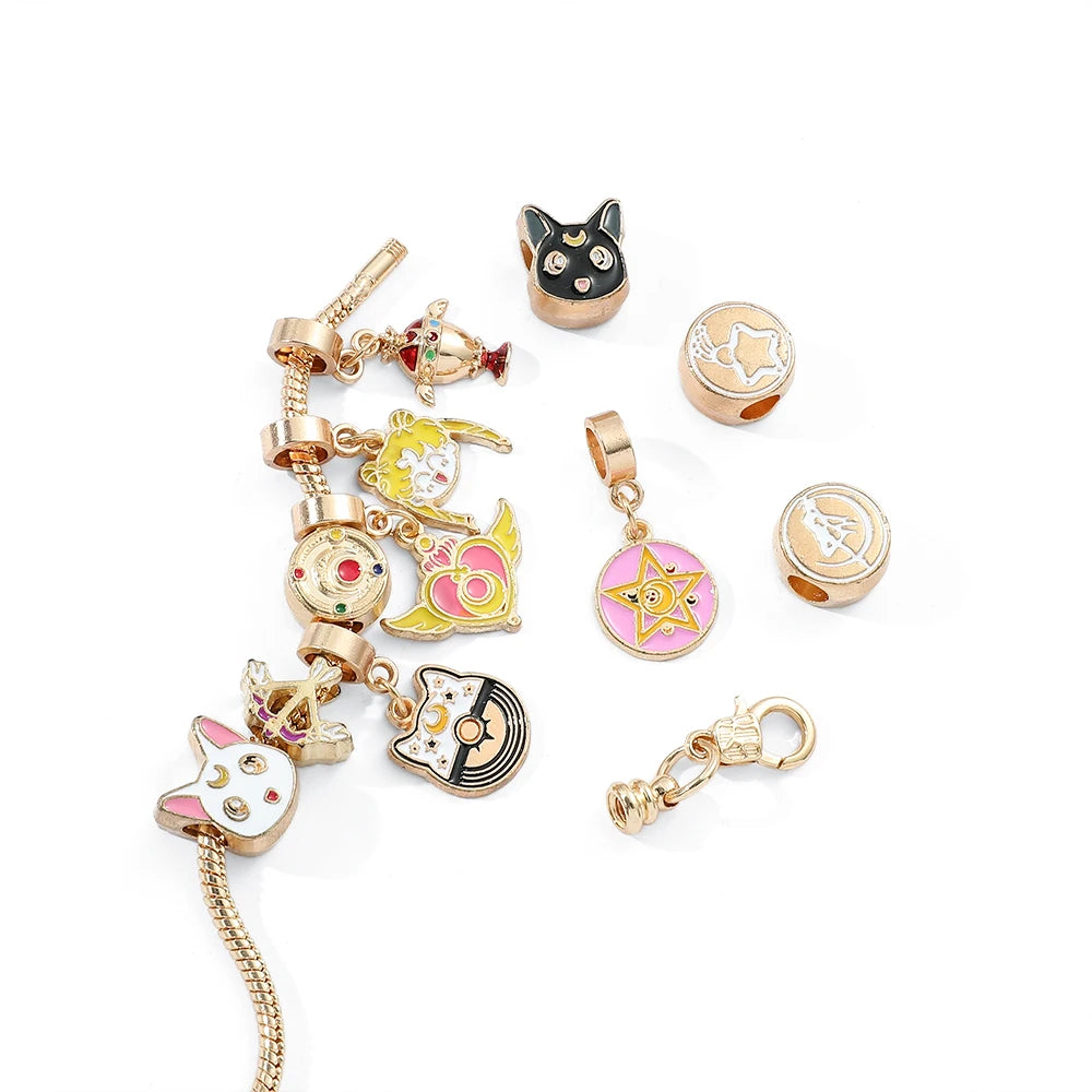 Sailor Moon Charm Bracelet - Gold Plated with Luna, Artemis & Usagi Themed Charms, Anime Cosplay Jewelry