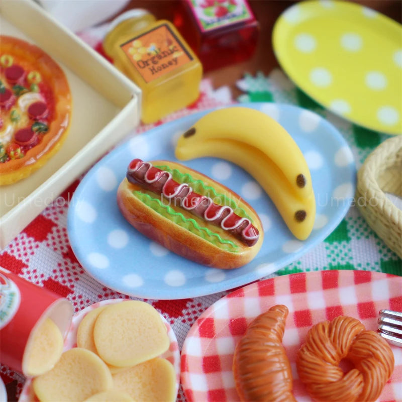 44PCS 1:6 Dollhouse Miniature Honey Bread Pizza Picnic Basket Model Mini Play Kitchen Food & Drink Set for Doll Accessories