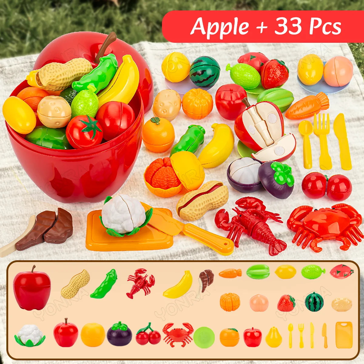 Cutting Play Food Toy for Kids Kitchen Pretend Fruit &Vegetables Accessories with Shopping Storage Basket Toy for Toddler Gift