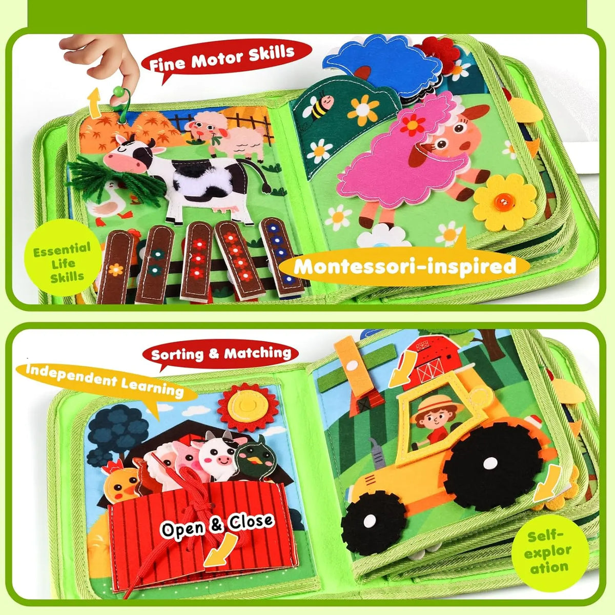 Busy Book for Toddlers, Montessori Toys for Boy Girl, Farm Animal Busy Board Educational Learning Quiet Toddler