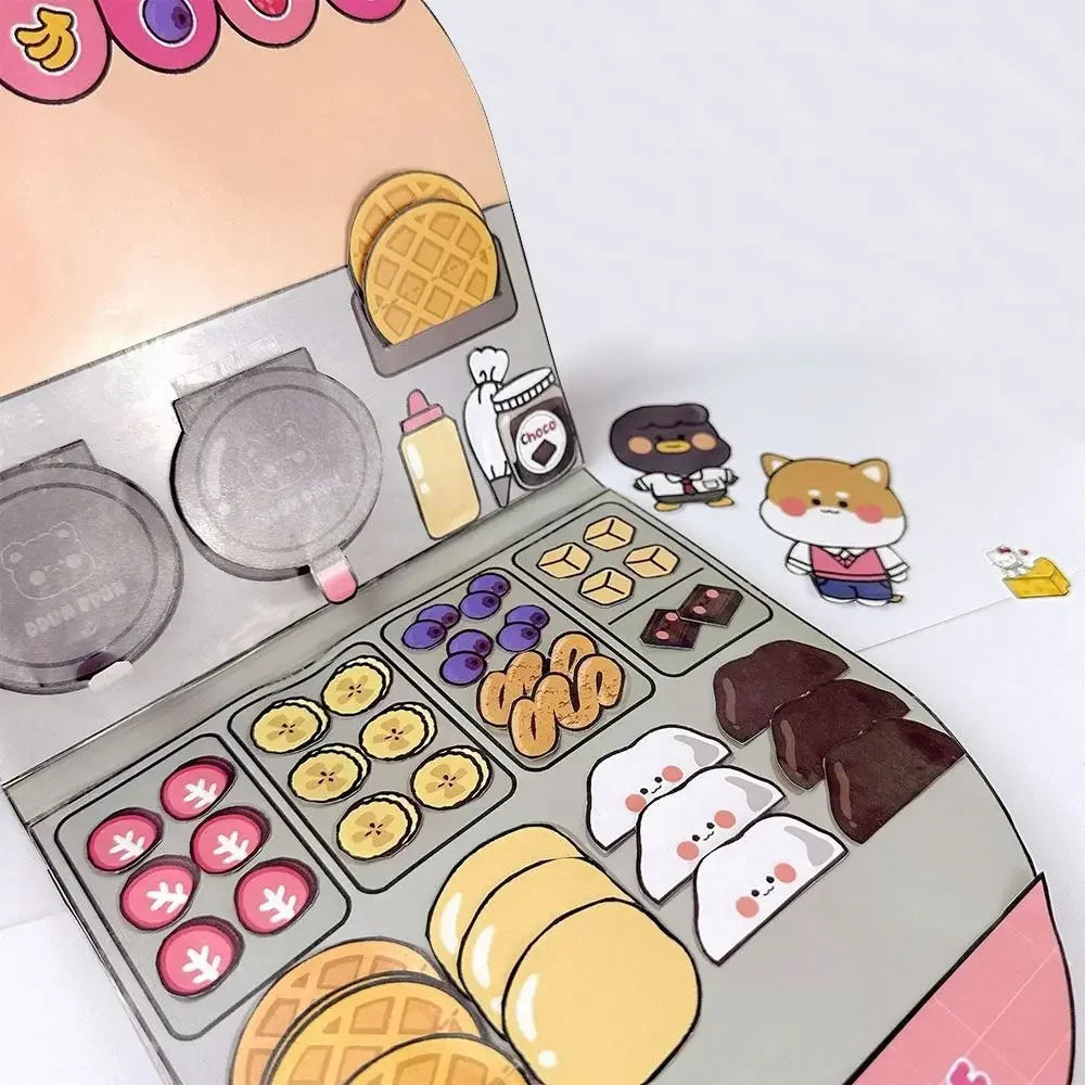 Paper Waffle Quiet Book Colorful Bread Cartoon Busy Book Fried Chicken Convenience Store Snack Bar Sticker Game.