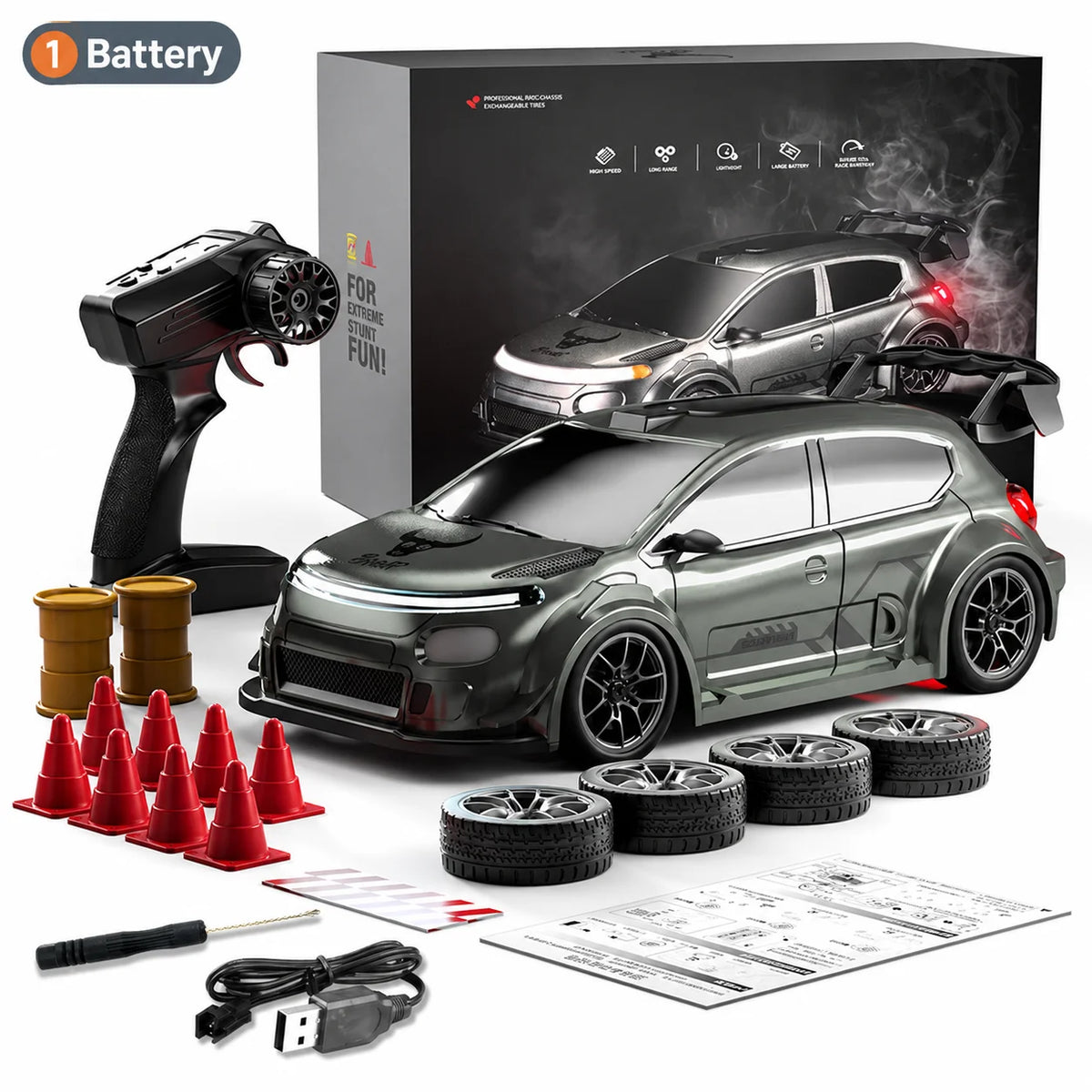 1:24 Scale 4WD Drift RC Car 2.4G Remote Pearl Finish Large Tail Fin Replaceable Racing Drift Wheel Front Rear LED Light Toy Car