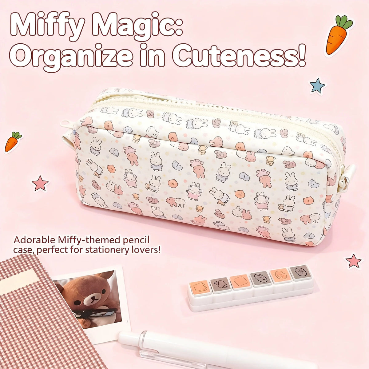 Kawaii Miffy Cute Cartoon Rabbit Printing Pencil Box High Capacity Portable Stationery Storage Bag New Arrival Girl Gift Ins