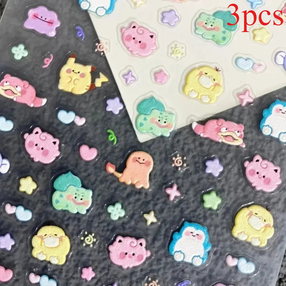 Pakem Nail Decoration Stickers Pikachu Nail Stickers 5D Embossed Nail Art Stickers Water Cup Phone Case DIY Deco Kid Girl Gift